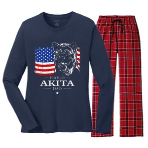 Funny Proud Akita Dad American Flag Patriotic Dog Gift Women's Long Sleeve Flannel Pajama Set 