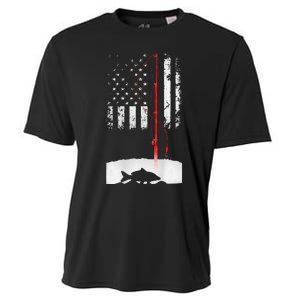 Fishing Pole American Flag Gift For Patriotic Fisherman Cooling Performance Crew T-Shirt