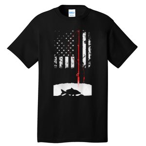 Fishing Pole American Flag Gift For Patriotic Fisherman Tall T-Shirt