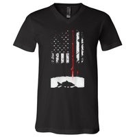 Fishing Pole American Flag Gift For Patriotic Fisherman V-Neck T-Shirt