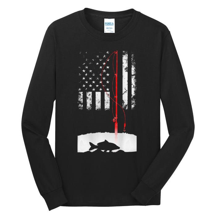 Fishing Pole American Flag Gift For Patriotic Fisherman Tall Long Sleeve T-Shirt