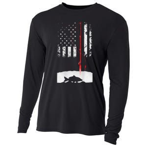 Fishing Pole American Flag Gift For Patriotic Fisherman Cooling Performance Long Sleeve Crew