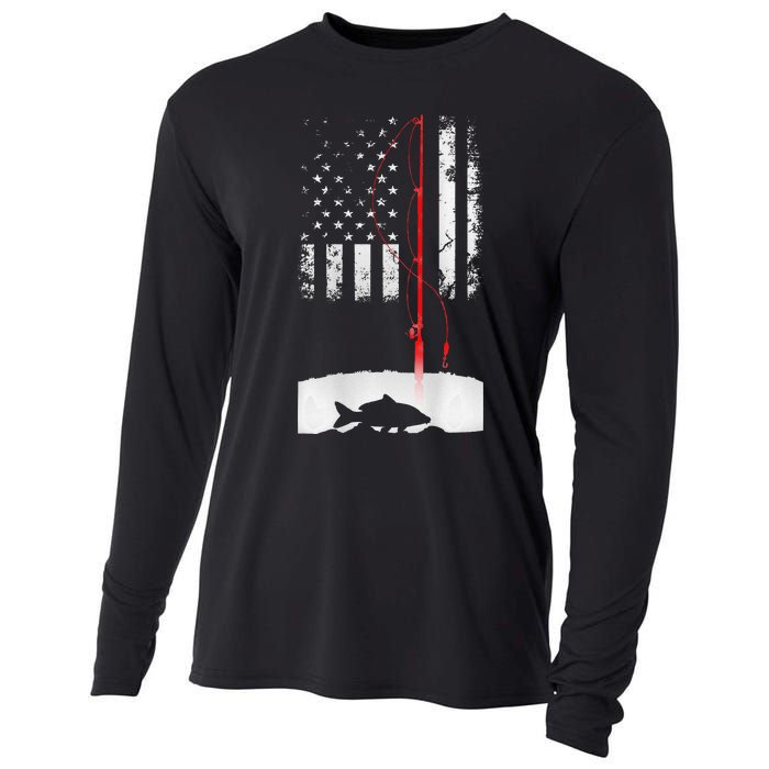 Fishing Pole American Flag Gift For Patriotic Fisherman Cooling Performance Long Sleeve Crew