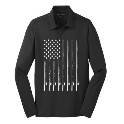 Fishing Pole American Flag Patriotic Outdoorsman Silk Touch Performance Long Sleeve Polo