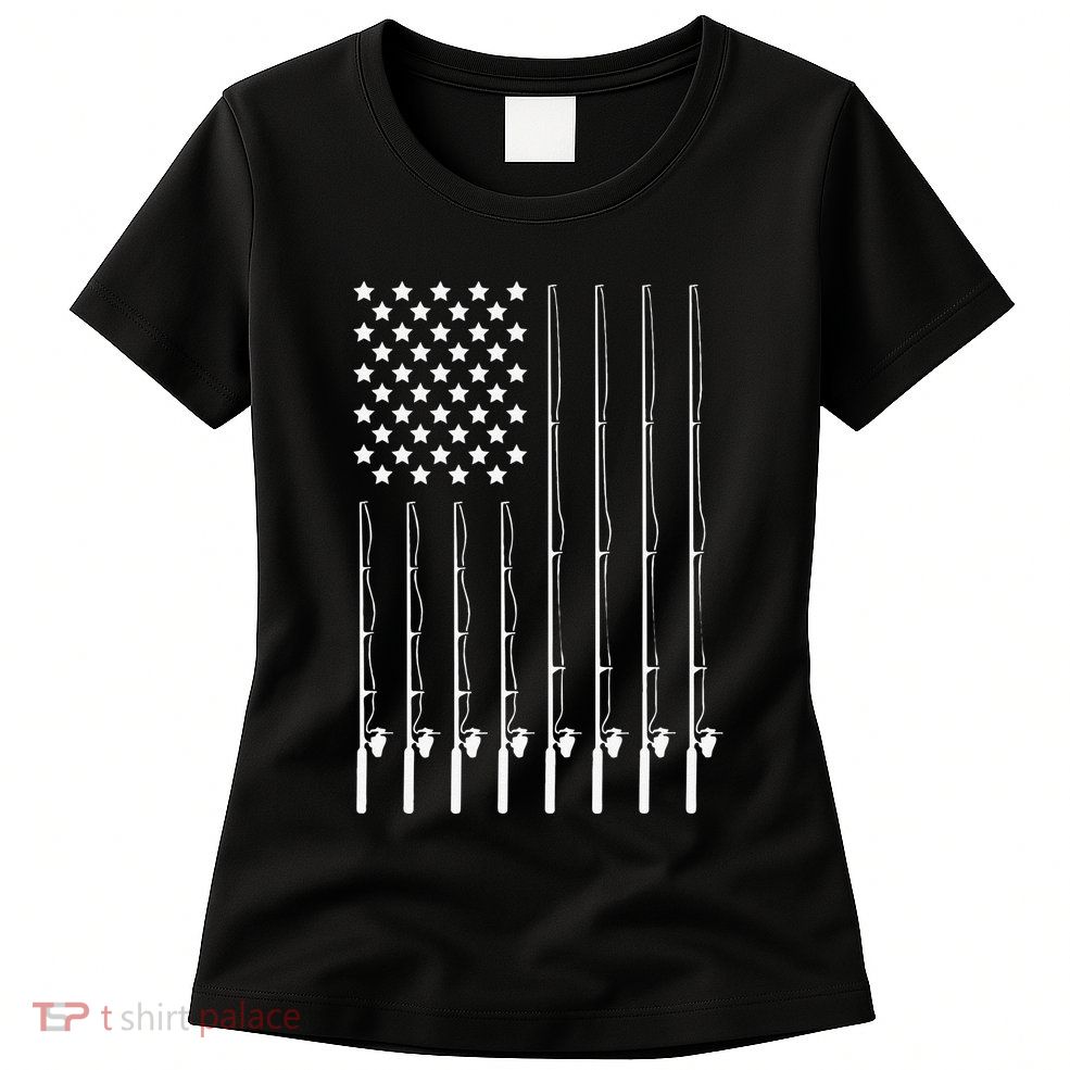 Fishing Pole American Flag Patriotic Outdoorsman Womens T-Shirt