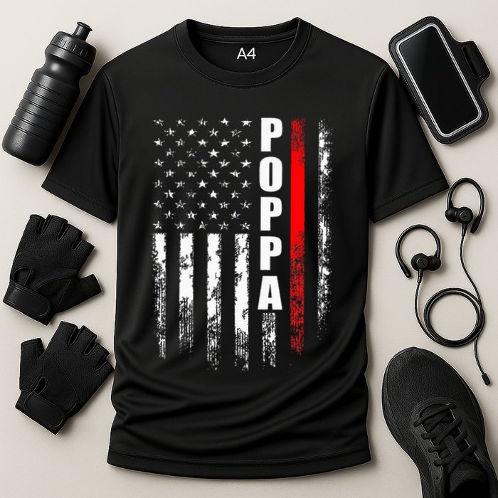 Firefighter Poppa American Flag Father's Day Cooling Performance Crew T-Shirt