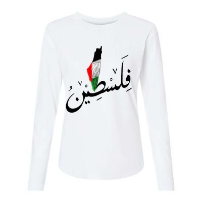 Falastin Palestine Arabic Calligraphy Map Womens Cotton Relaxed Long Sleeve T-Shirt