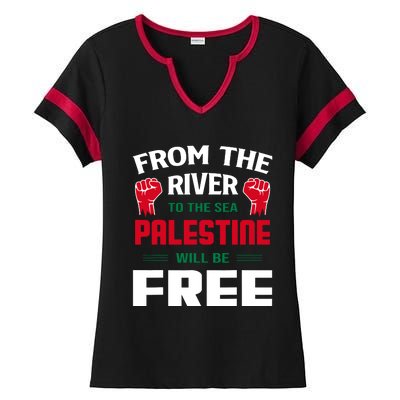 Free Palestine Arabic Support Palestine And Keffiyeh Palesti Ladies Halftime Notch Neck Tee