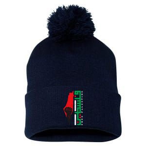 Free Palestine Arabic Support Palestine And Gaza Jerusalem Pom Pom 12in Knit Beanie