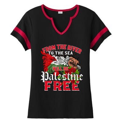 Free Palestine Arabic Support Palestine And Keffiyeh Palesti Ladies Halftime Notch Neck Tee