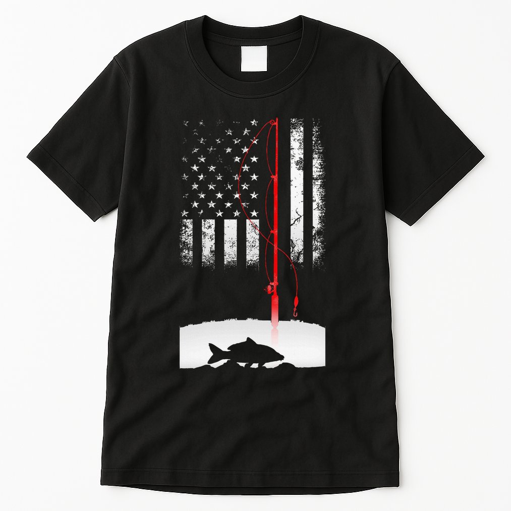 Fishing Pole American Flag Gift For Patriotic Fisherman Tall T-Shirt