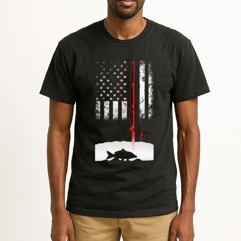 Fishing Pole American Flag Gift For Patriotic Fisherman Tall T-Shirt