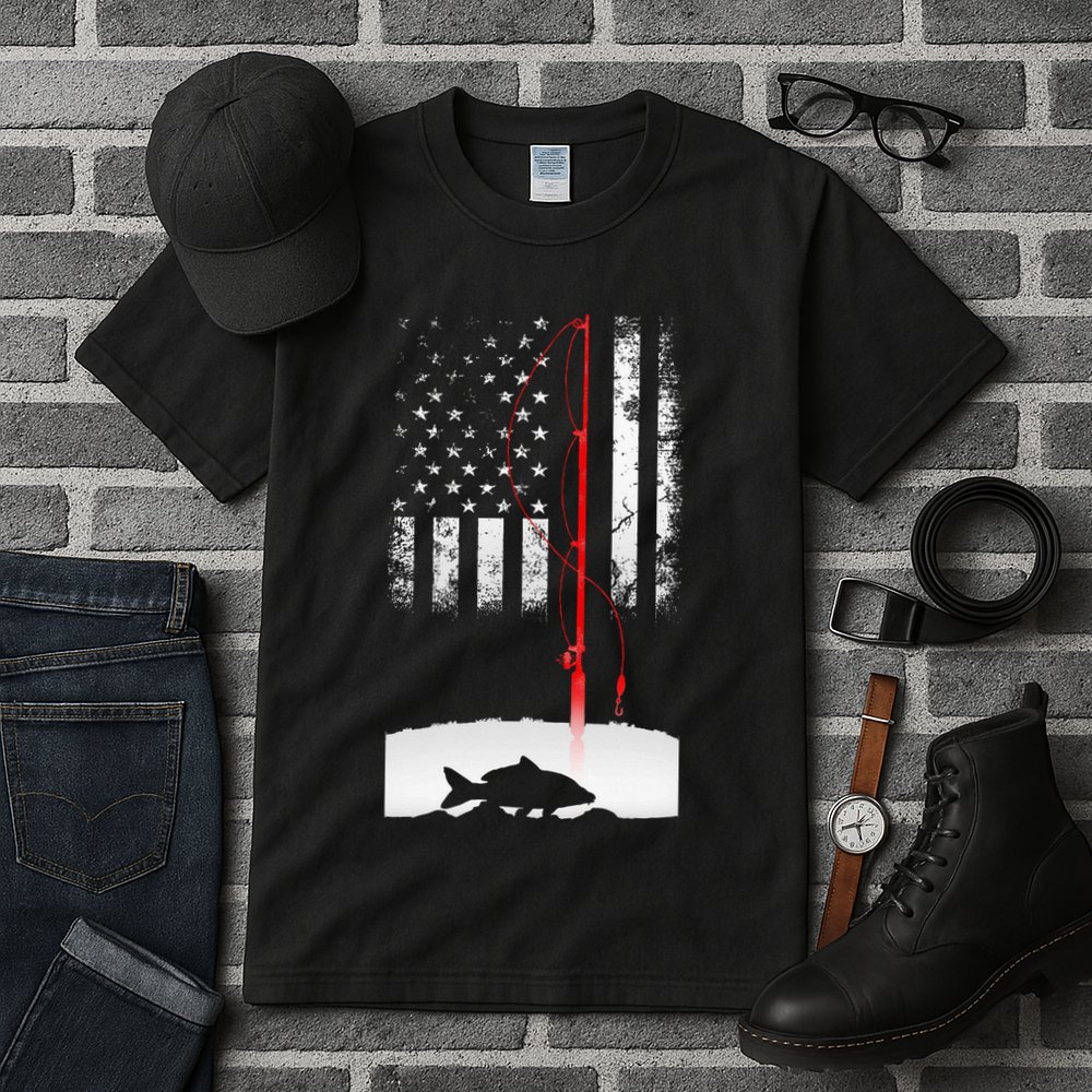Fishing Pole American Flag Gift For Patriotic Fisherman Tall T-Shirt