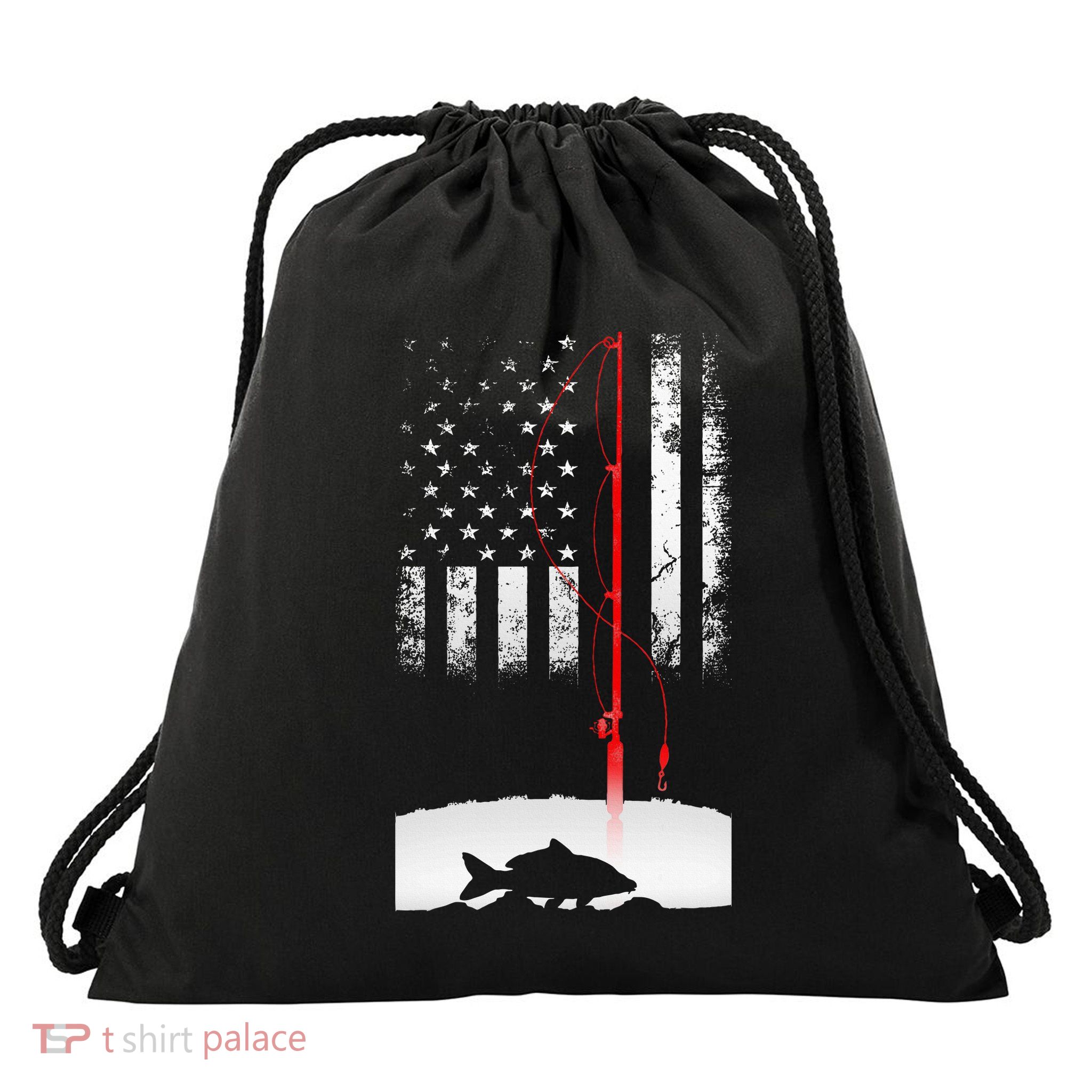 Fishing Pole American Flag Gift For Patriotic Fisherman Drawstring Bag
