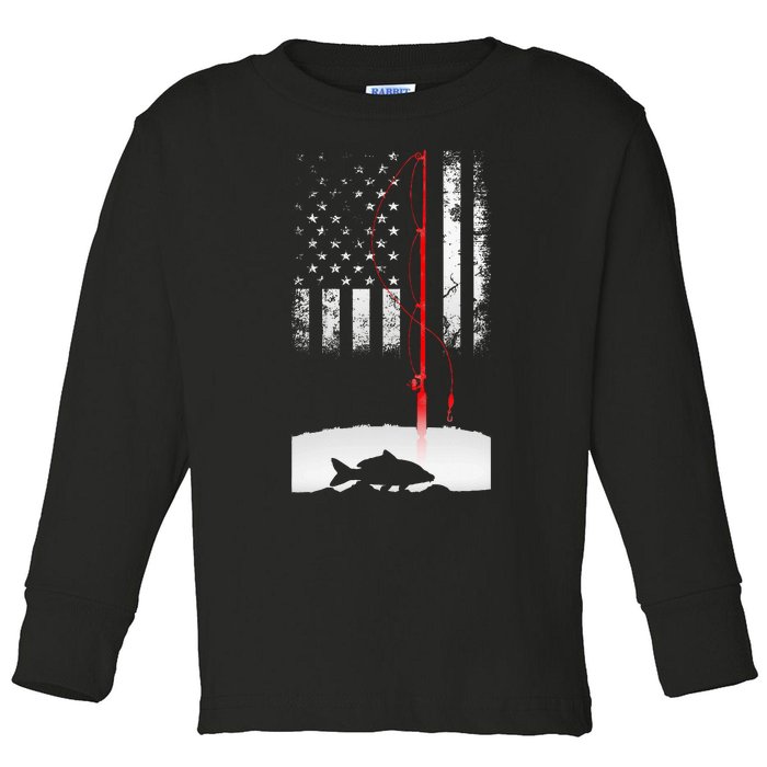 Fishing Pole American Flag Gift For Patriotic Fisherman Toddler Long Sleeve Shirt