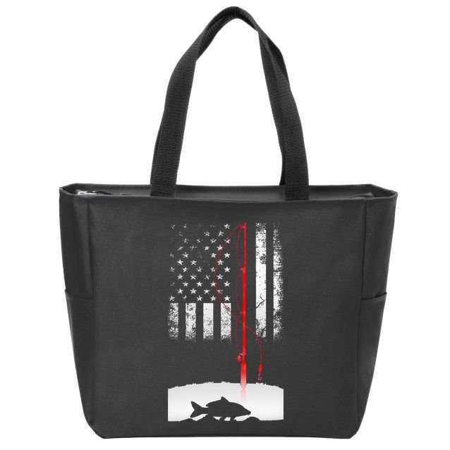 Fishing Pole American Flag Gift For Patriotic Fisherman Zip Tote Bag