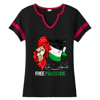 Free Palestine Arabic Palestine Flag Ladies Halftime Notch Neck Tee