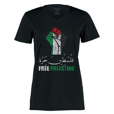 Free Palestine Arabic support Palestine and Gaza Jerusalem   Women's Momentum V-Neck T-Shirt