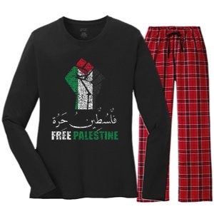 Free Palestine Arabic support Palestine and Gaza Jerusalem   Women's Long Sleeve Flannel Pajama Set 