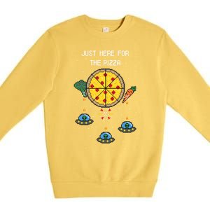 Funny Pixel Arcade Game Alien Just Here For The Pizza Cute Gift Premium Crewneck Sweatshirt