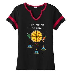 Funny Pixel Arcade Game Alien Just Here For The Pizza Cute Gift Ladies Halftime Notch Neck Tee