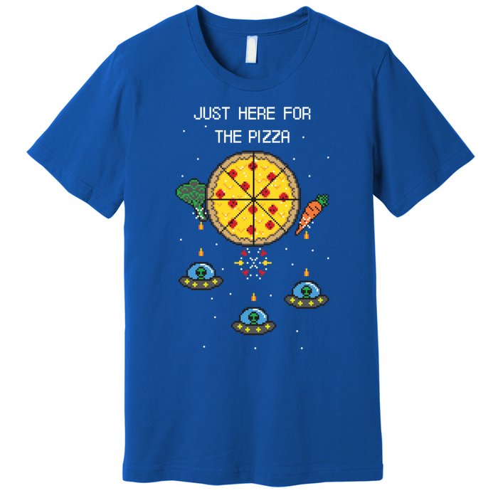 Funny Pixel Arcade Game Alien Just Here For The Pizza Cute Gift Premium T-Shirt