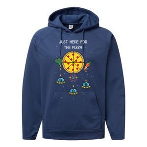 Funny Pixel Arcade Game Alien Just Here For The Pizza Cute Gift Performance Fleece Hoodie