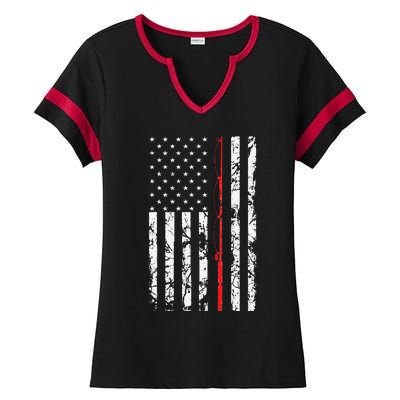 Fishing Pole American Flag Gift For Fisherman Ladies Halftime Notch Neck Tee