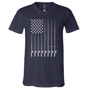 Fishing Pole American Flag Patriotic Outdoorsman V-Neck T-Shirt