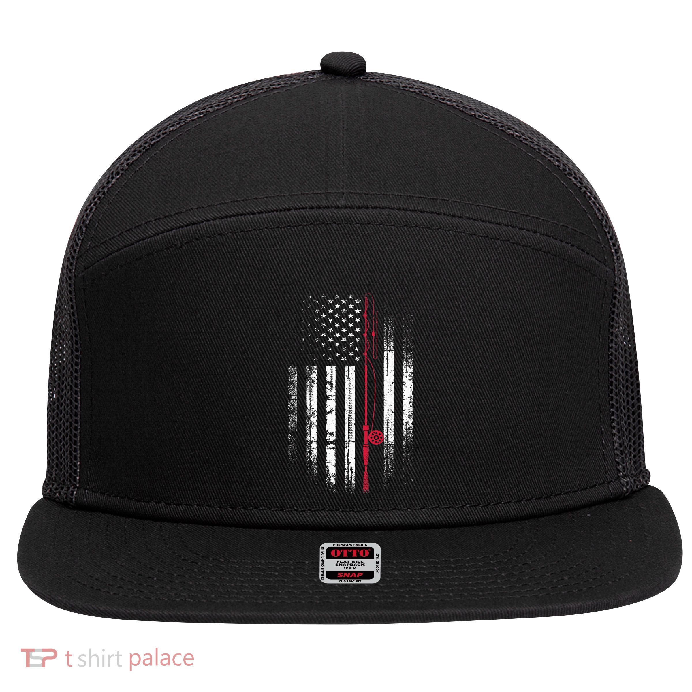 Fishing Pole American Flag Patriotic Outdoorsman 7 Panel Mesh Trucker Snapback Hat