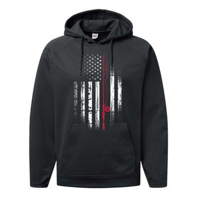 Fishing Pole American Flag Patriotic Outdoorsman Performance Fleece Hoodie