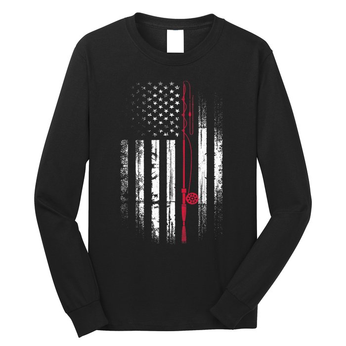 Fishing Pole American Flag Patriotic Outdoorsman Long Sleeve Shirt