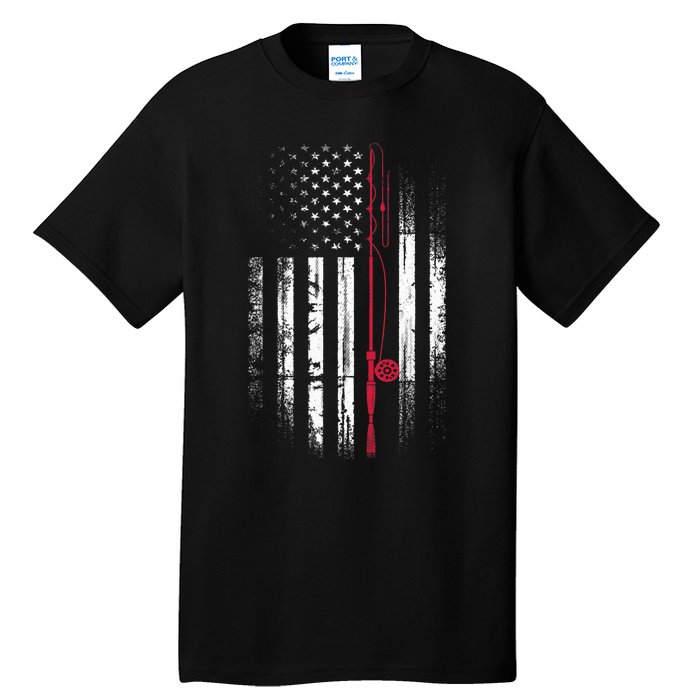 Fishing Pole American Flag Patriotic Outdoorsman Tall T-Shirt