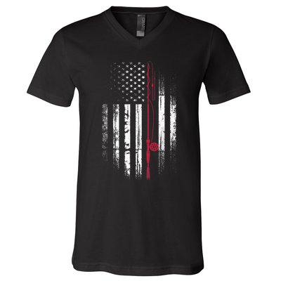 Fishing Pole American Flag Patriotic Outdoorsman V-Neck T-Shirt