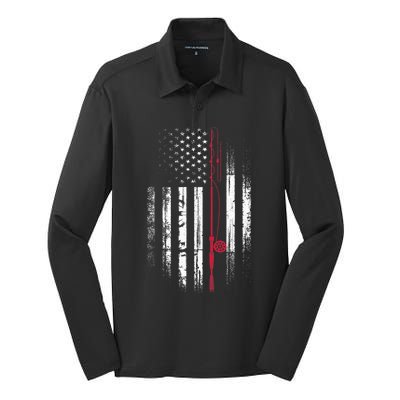 Fishing Pole American Flag Patriotic Outdoorsman Silk Touch Performance Long Sleeve Polo