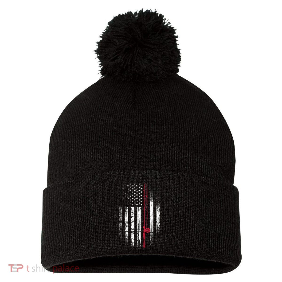 Fishing Pole American Flag Patriotic Outdoorsman Pom Pom 12in Knit Beanie