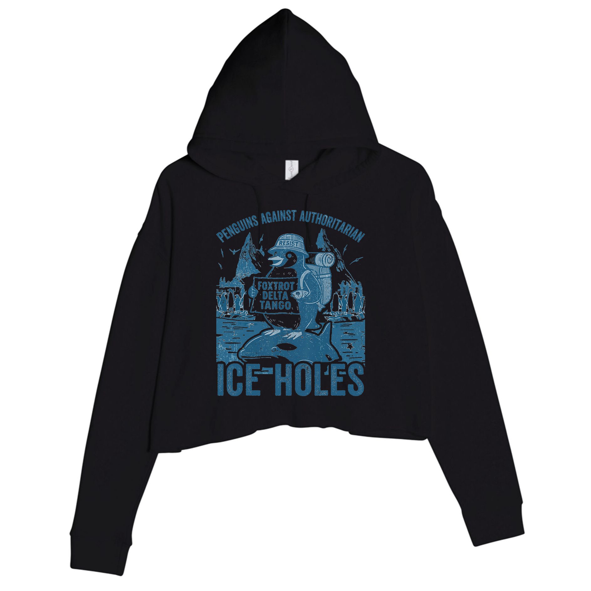 Funny Penguins Against Authoritarian Ice Holes Sarcastic Crop Fleece Hoodie