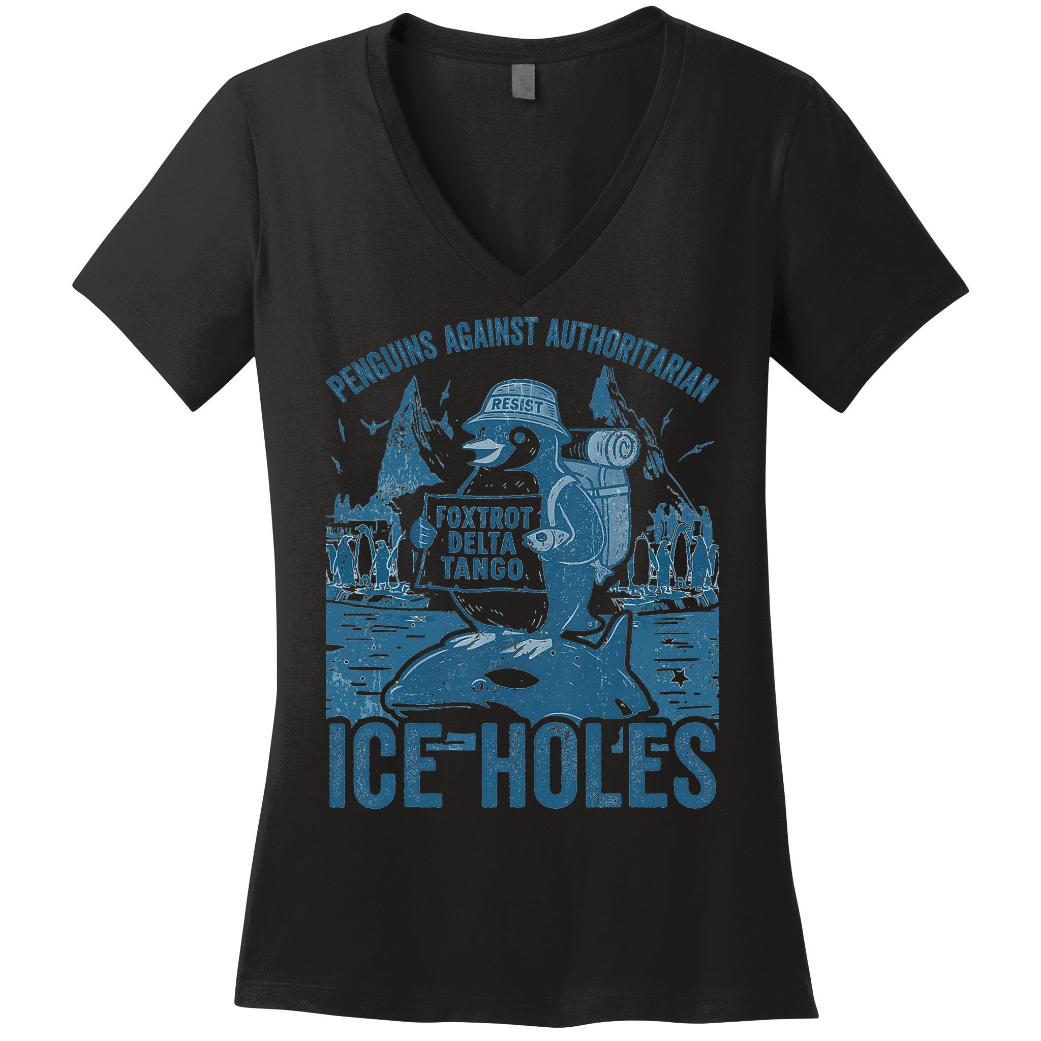 Funny Penguins Against Authoritarian Ice Holes Sarcastic Women's V-Neck T-Shirt