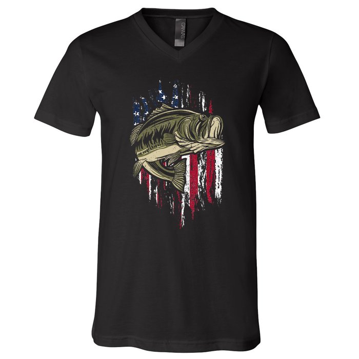 Fishing Pole American Flag gift for Patriotic Fisherman V-Neck T-Shirt