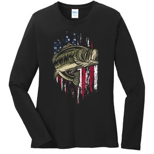 Fishing Pole American Flag gift for Patriotic Fisherman Ladies Long Sleeve Shirt