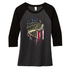 Fishing Pole American Flag gift for Patriotic Fisherman Women's Tri-Blend 3/4-Sleeve Raglan Shirt