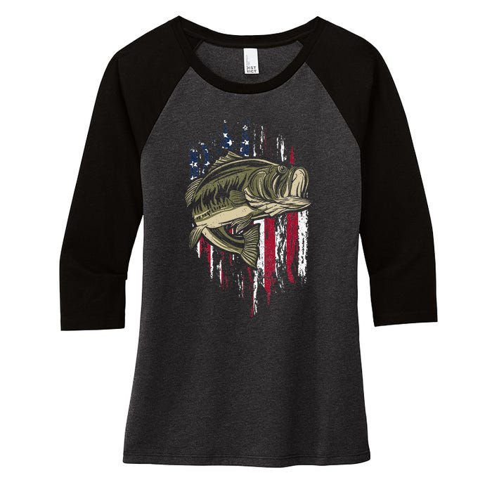 Fishing Pole American Flag gift for Patriotic Fisherman Women's Tri-Blend 3/4-Sleeve Raglan Shirt