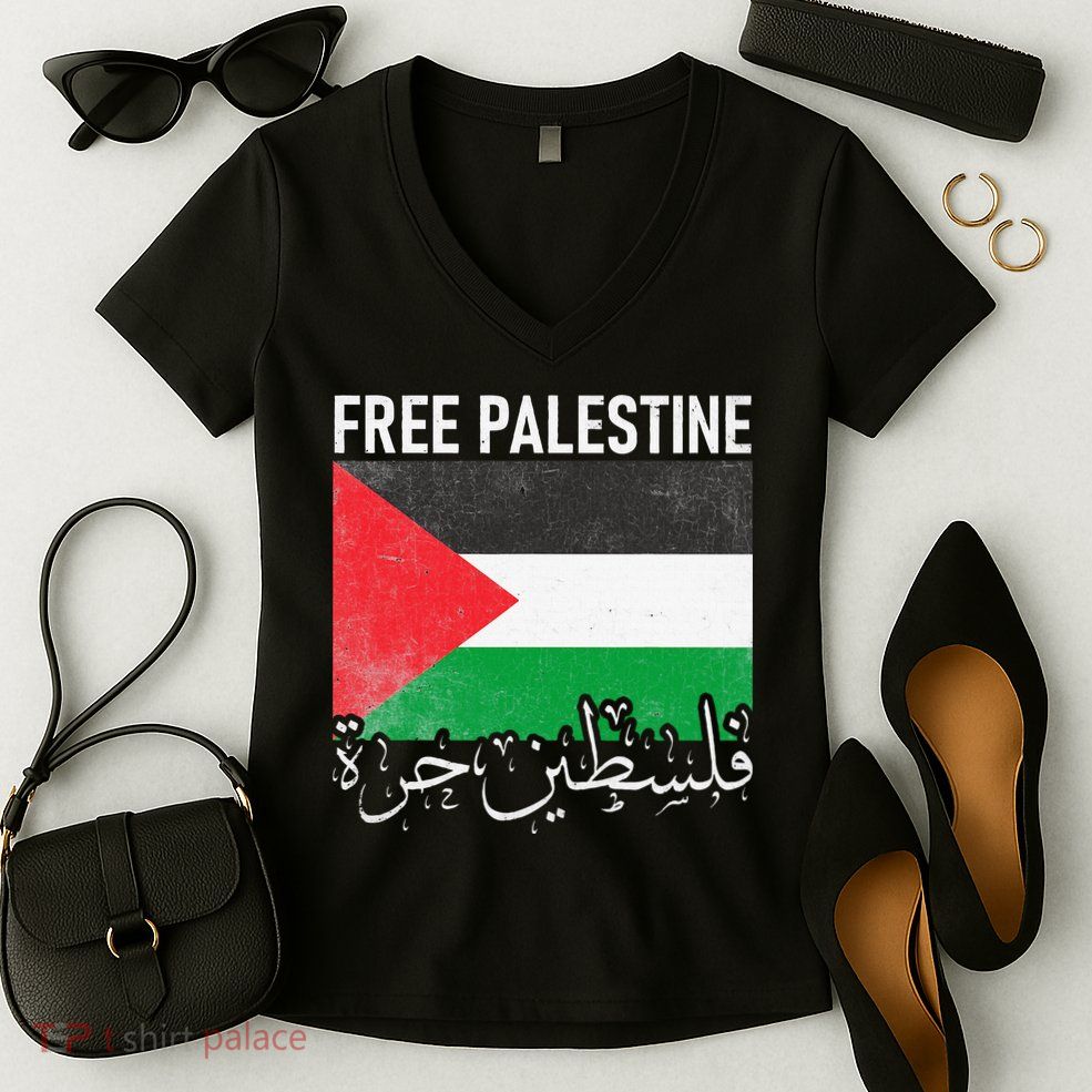 Free Palestine Arabic Palestine Gaza Jerusalem Support Women's V-Neck T-Shirt