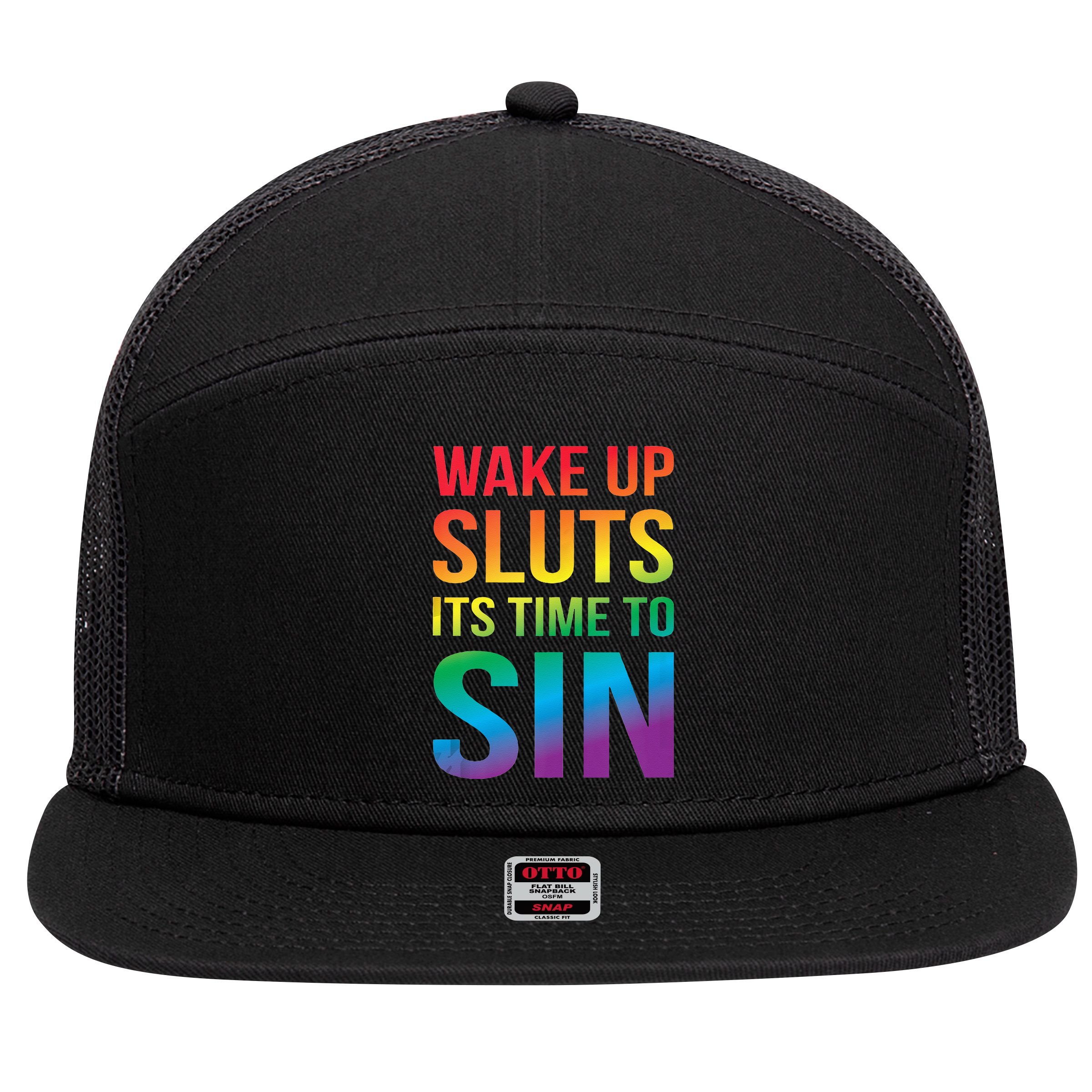 Funny PRIDE Adult Wake Up Sluts Its Time To Sin LGBTQ 7 Panel Mesh Trucker Snapback Hat