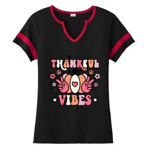 Fall Pumpkin Autumn Season Thankful Vibes Thanksgiving Day Cute Gift Ladies Halftime Notch Neck Tee