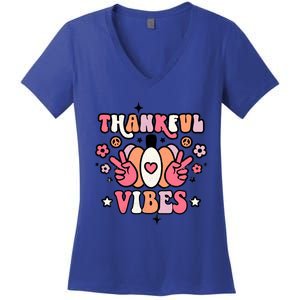 Fall Pumpkin Autumn Season Thankful Vibes Thanksgiving Day Cute Gift Women's V-Neck T-Shirt