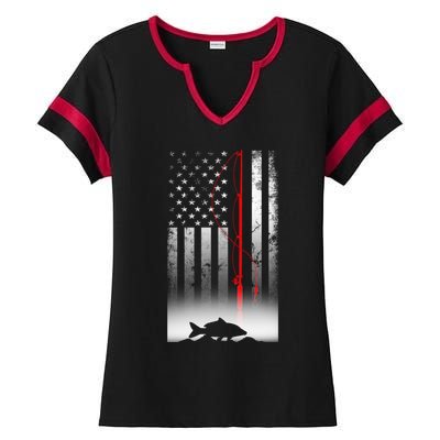 Fishing Pole American Flag Gift For Patriotic Fisherman Ladies Halftime Notch Neck Tee