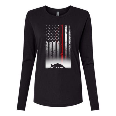 Fishing Pole American Flag Gift For Patriotic Fisherman Womens Cotton Relaxed Long Sleeve T-Shirt