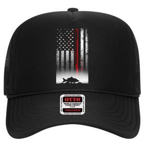 Fishing Pole American Flag Gift For Patriotic Fisherman High Crown Mesh Back Trucker Hat