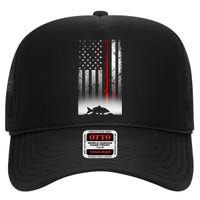 Fishing Pole American Flag Gift For Patriotic Fisherman High Crown Mesh Back Trucker Hat